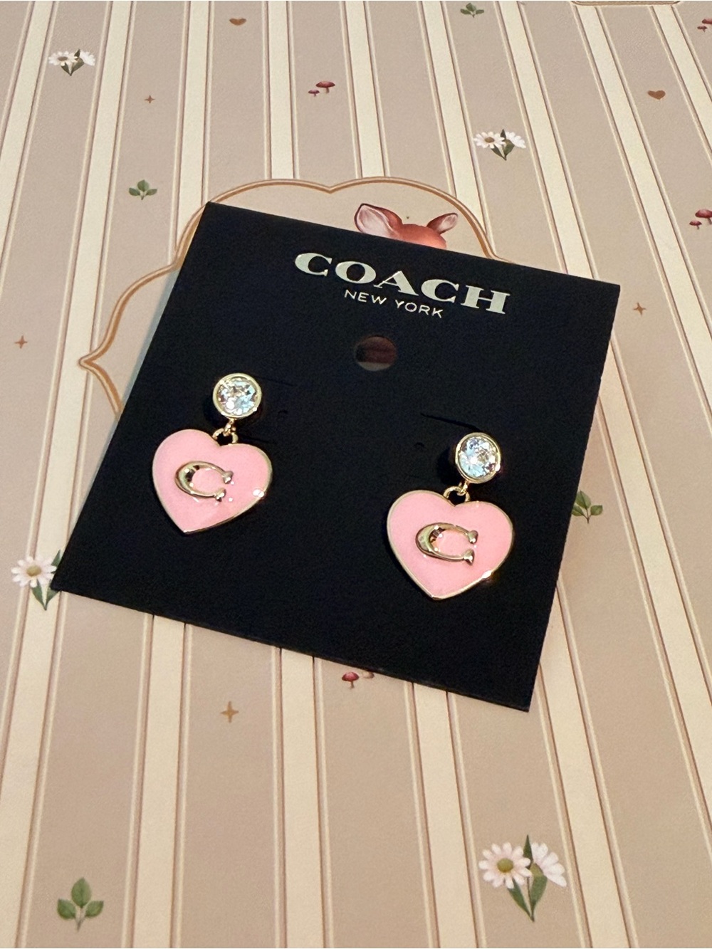 Coach Pink Enamel Heart Drop Earrings with Crystal Studs